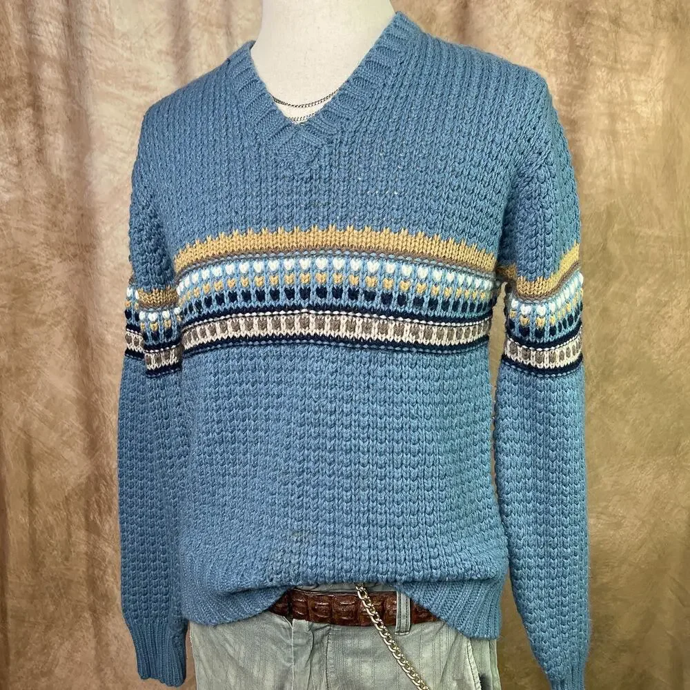 Vintage Striped Sweater 80s Knit V Neck Long Sleeve Blue Retro Fall Academia